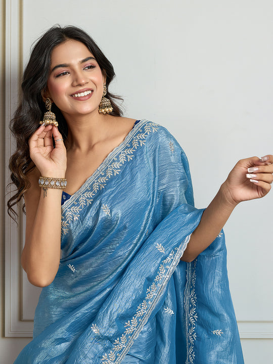 Rama Blue Gold Crush Embroidered Designer Saree with Blouse