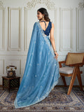 Rama Blue Gold Crush Embroidered Designer Saree with Blouse