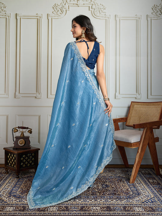 Rama Blue Gold Crush Embroidered Designer Saree with Blouse