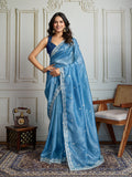 Rama Blue Gold Crush Embroidered Designer Saree with Blouse
