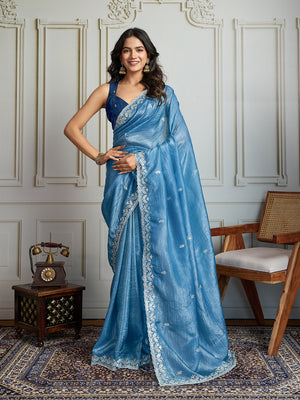 Rama Blue Gold Crush Embroidered Designer Saree with Blouse