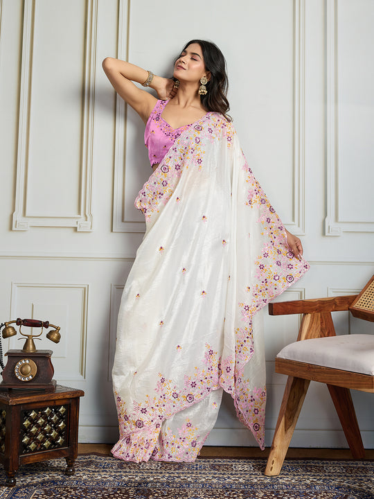 White Gold Crush Embroidered Designer Saree with Blouse
