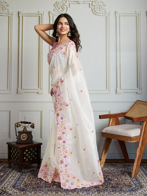 White Gold Crush Embroidered Designer Saree with Blouse