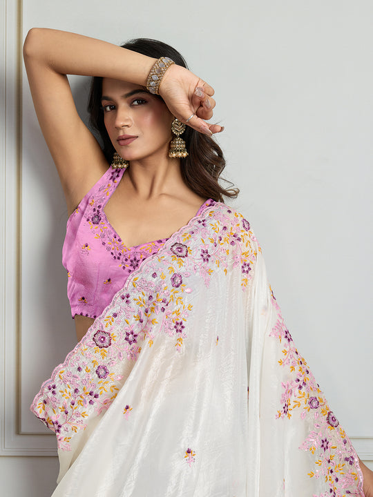 White Gold Crush Embroidered Designer Saree with Blouse