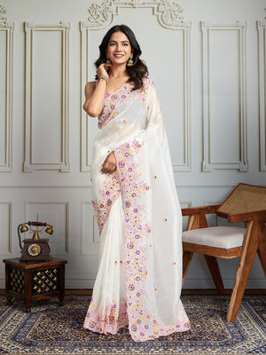 White Gold Crush Embroidered Designer Saree with Blouse