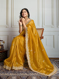 Yellow Satin Silk Embroidered Designer Saree with Blouse