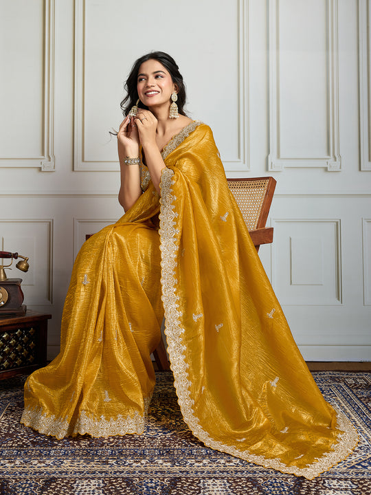 Yellow Satin Silk Embroidered Designer Saree with Blouse