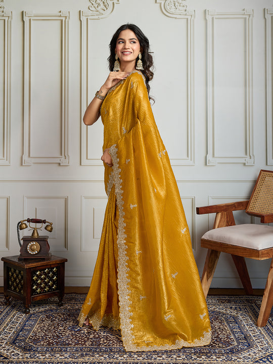 Yellow Satin Silk Embroidered Designer Saree with Blouse