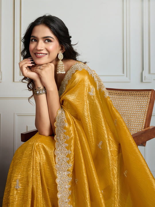 Yellow Satin Silk Embroidered Designer Saree with Blouse