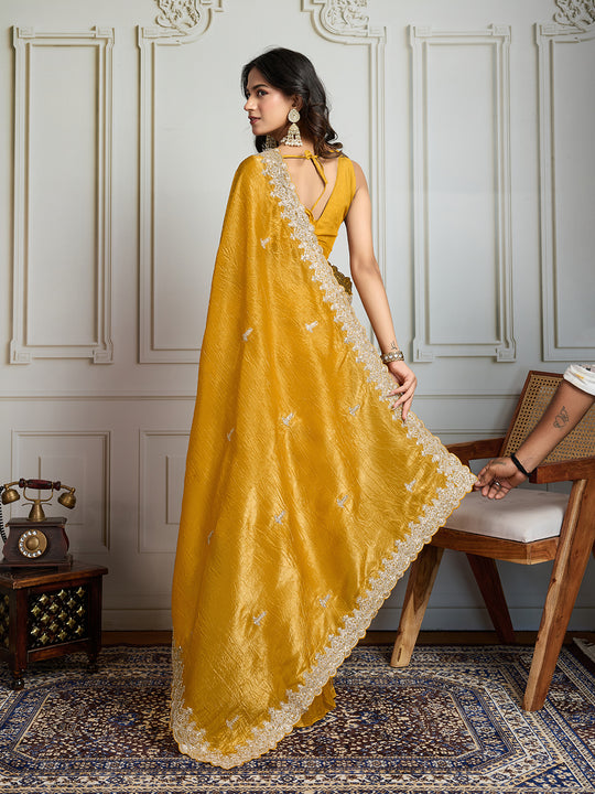 Yellow Satin Silk Embroidered Designer Saree with Blouse