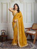 Yellow Satin Silk Embroidered Designer Saree with Blouse