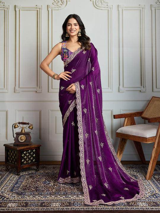 Purple Jimmy Choo Embroidered Designer Saree with Blouse
