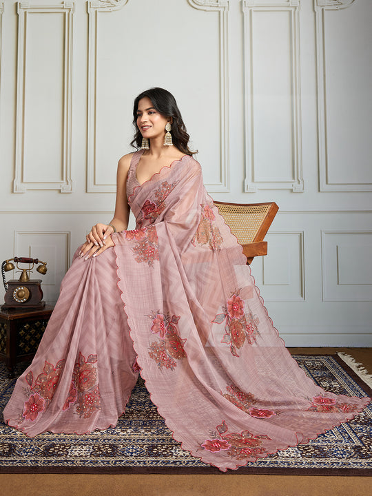 Beige Soft Tabby Organza Digital Printed Designer Saree with Blouse