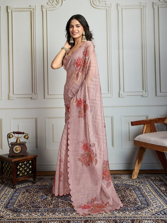 Beige Soft Tabby Organza Digital Printed Designer Saree with Blouse