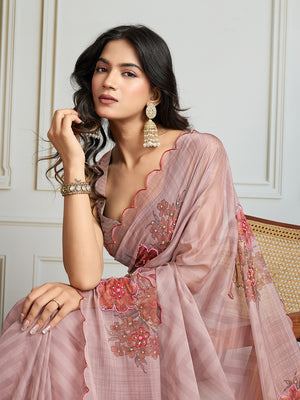 Beige Soft Tabby Organza Digital Printed Designer Saree with Blouse