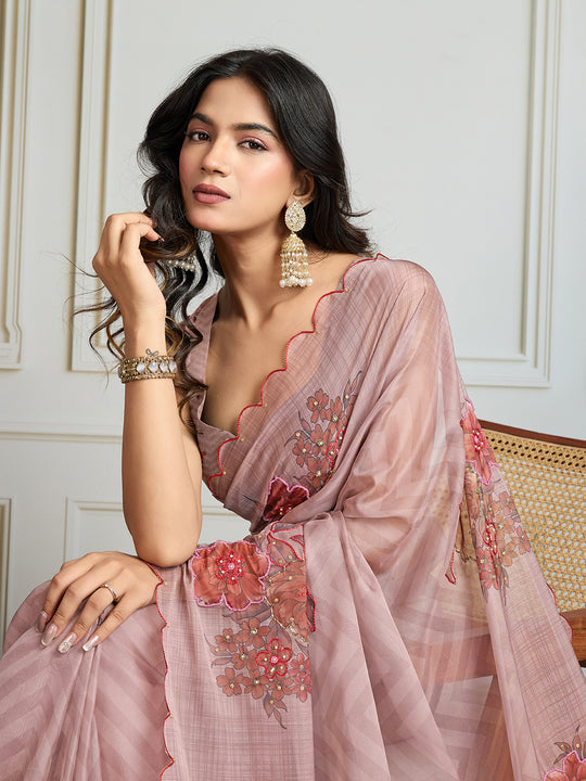 Beige Soft Tabby Organza Digital Printed Designer Saree with Blouse