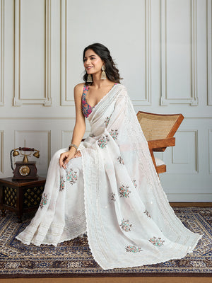 White Crush Organza Sequins Designer Saree with Blouse