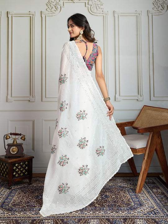 White Crush Organza Sequins Designer Saree with Blouse
