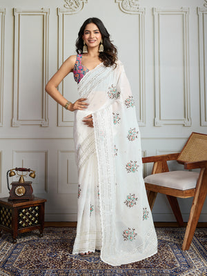 White Crush Organza Sequins Designer Saree with Blouse