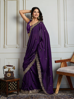 Purple Satin Silk Sequins Designer Saree with Blouse