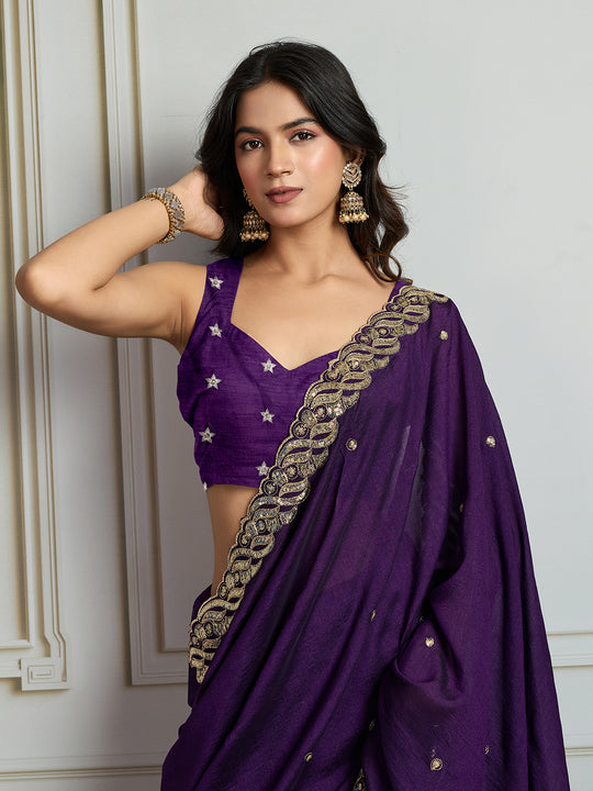 Purple Satin Silk Sequins Designer Saree with Blouse