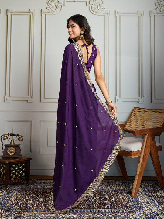 Purple Satin Silk Sequins Designer Saree with Blouse