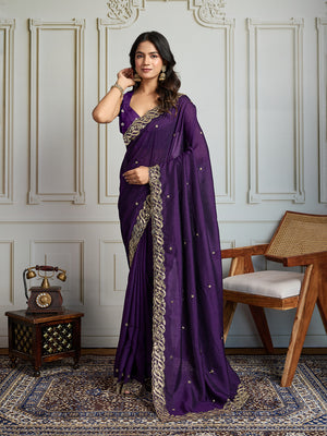 Purple Satin Silk Sequins Designer Saree with Blouse