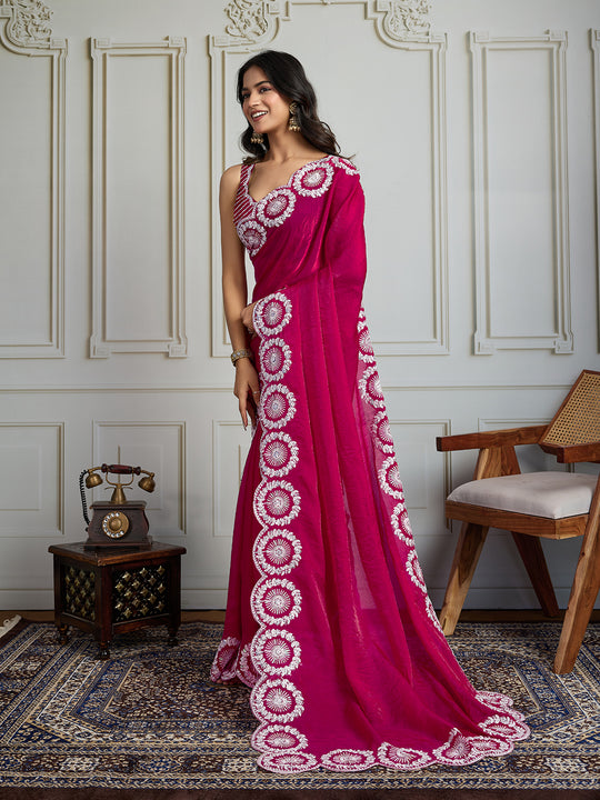 Pink Fandy Satin Embroidered Designer Saree with Blouse