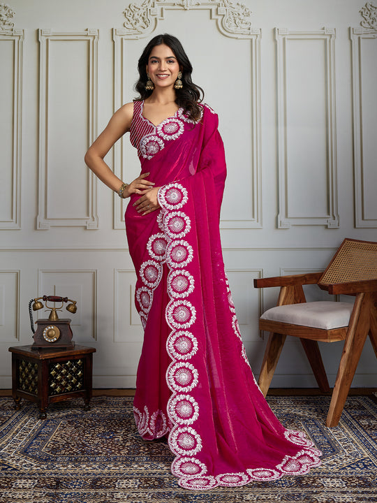 Pink Fandy Satin Embroidered Designer Saree with Blouse