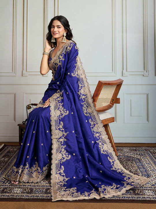Blue Jimmy Choo Silk Embroidered Designer Saree with Blouse