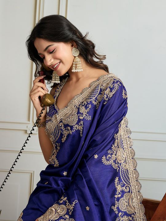 Blue Jimmy Choo Silk Embroidered Designer Saree with Blouse