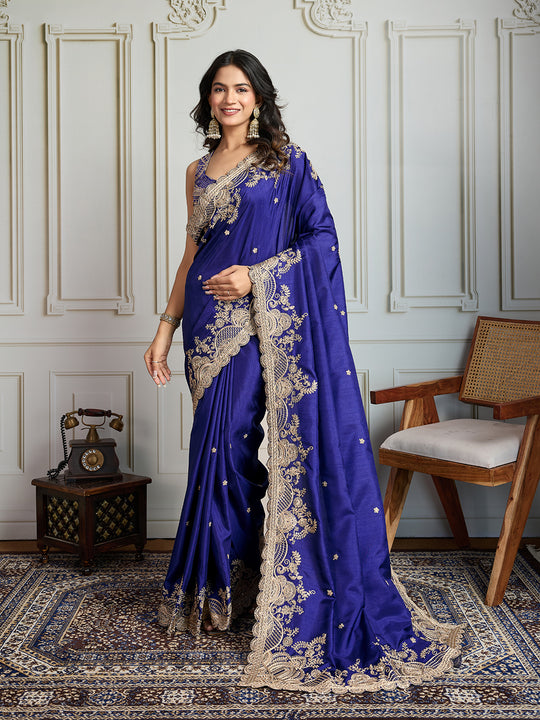 Blue Jimmy Choo Silk Embroidered Designer Saree with Blouse