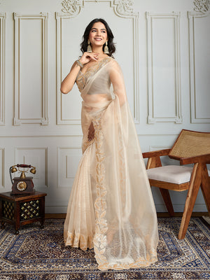 Cream Organza Embroidered Designer Saree with Blouse