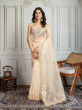 Cream Organza Embroidered Designer Saree with Blouse