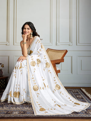 White Georgette Embroidered Designer Saree with Blouse