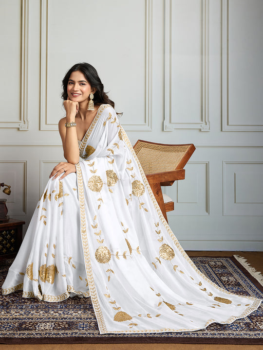 White Georgette Embroidered Designer Saree with Blouse