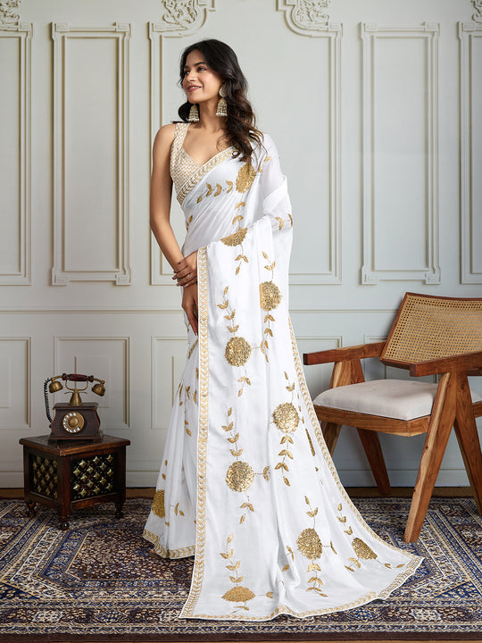 White Georgette Embroidered Designer Saree with Blouse