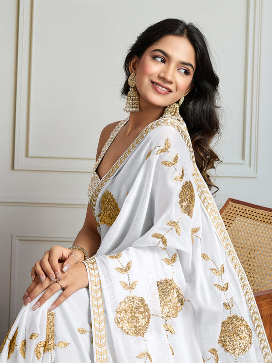White Georgette Embroidered Designer Saree with Blouse