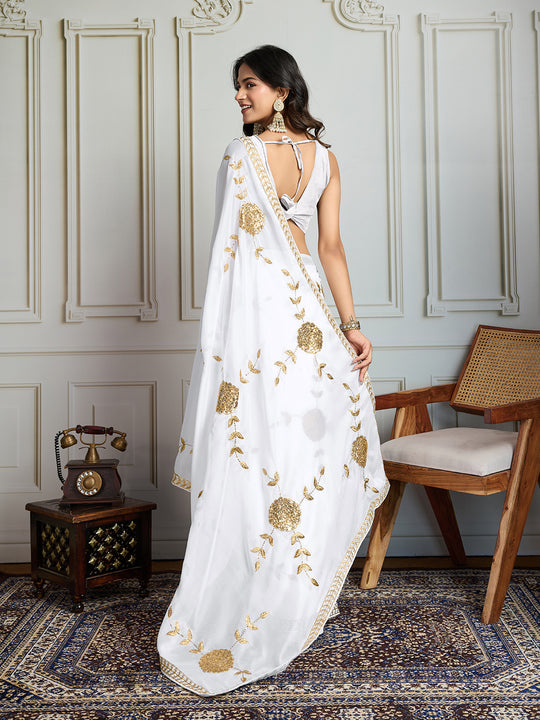 White Georgette Embroidered Designer Saree with Blouse