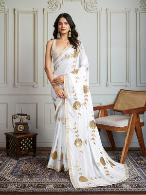 White Georgette Embroidered Designer Saree with Blouse