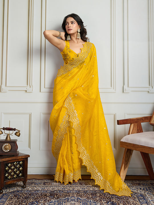 Yellow Gold Crush Silk Embroidered Designer Saree with Blouse