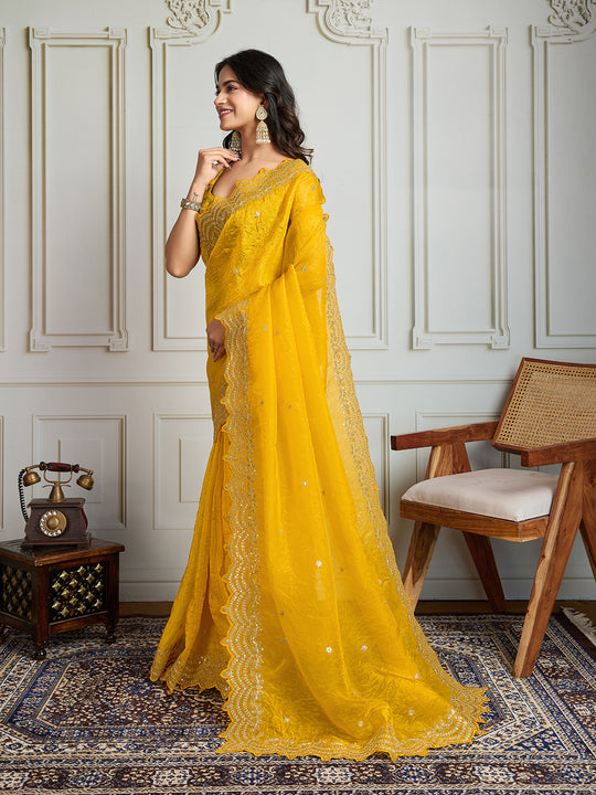Yellow Gold Crush Silk Embroidered Designer Saree with Blouse