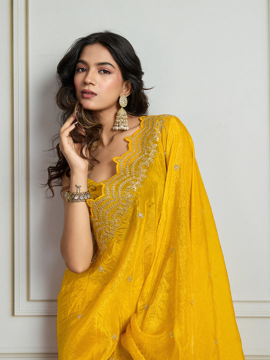 Yellow Gold Crush Silk Embroidered Designer Saree with Blouse