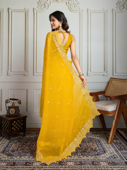 Yellow Gold Crush Silk Embroidered Designer Saree with Blouse