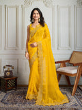 Yellow Gold Crush Silk Embroidered Designer Saree with Blouse