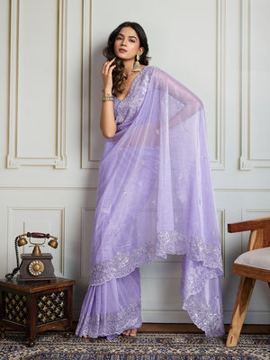 Lavender Art Silk Embroidered Designer Saree with Blouse