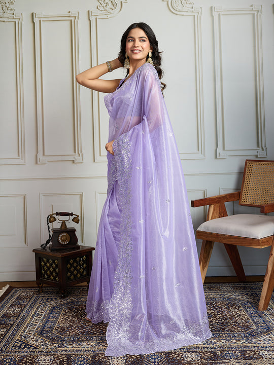 Lavender Art Silk Embroidered Designer Saree with Blouse