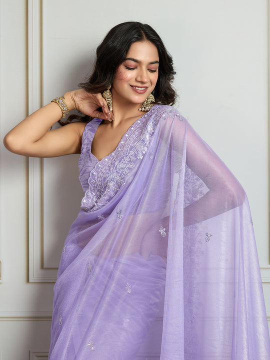 Lavender Art Silk Embroidered Designer Saree with Blouse