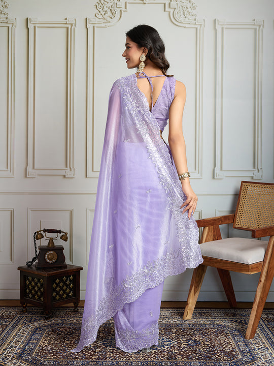 Lavender Art Silk Embroidered Designer Saree with Blouse