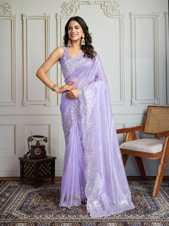 Lavender Art Silk Embroidered Designer Saree with Blouse